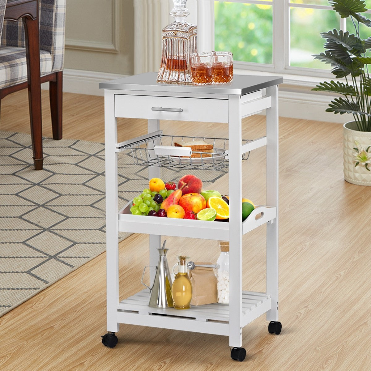 Goflame Kitchen Island Cart Rolling Kitchen Trolley with Stainless Steel Tabletop