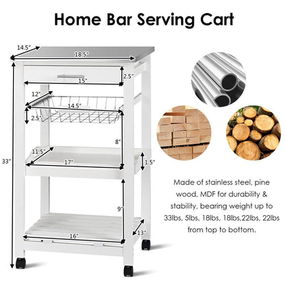 Goflame Kitchen Island Cart Rolling Kitchen Trolley with Stainless Steel Tabletop