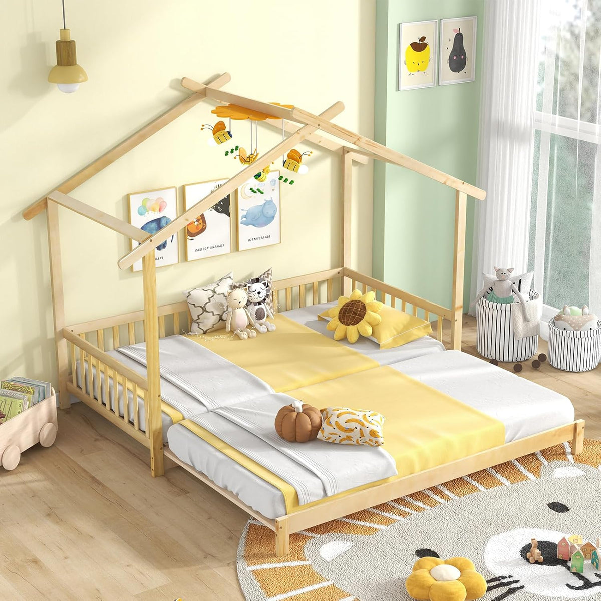 Goflame Extendable House Bed for Kids, Twin to King Daybed with Roof & Fence Rails, Wood Kids Bed Frame for Teens