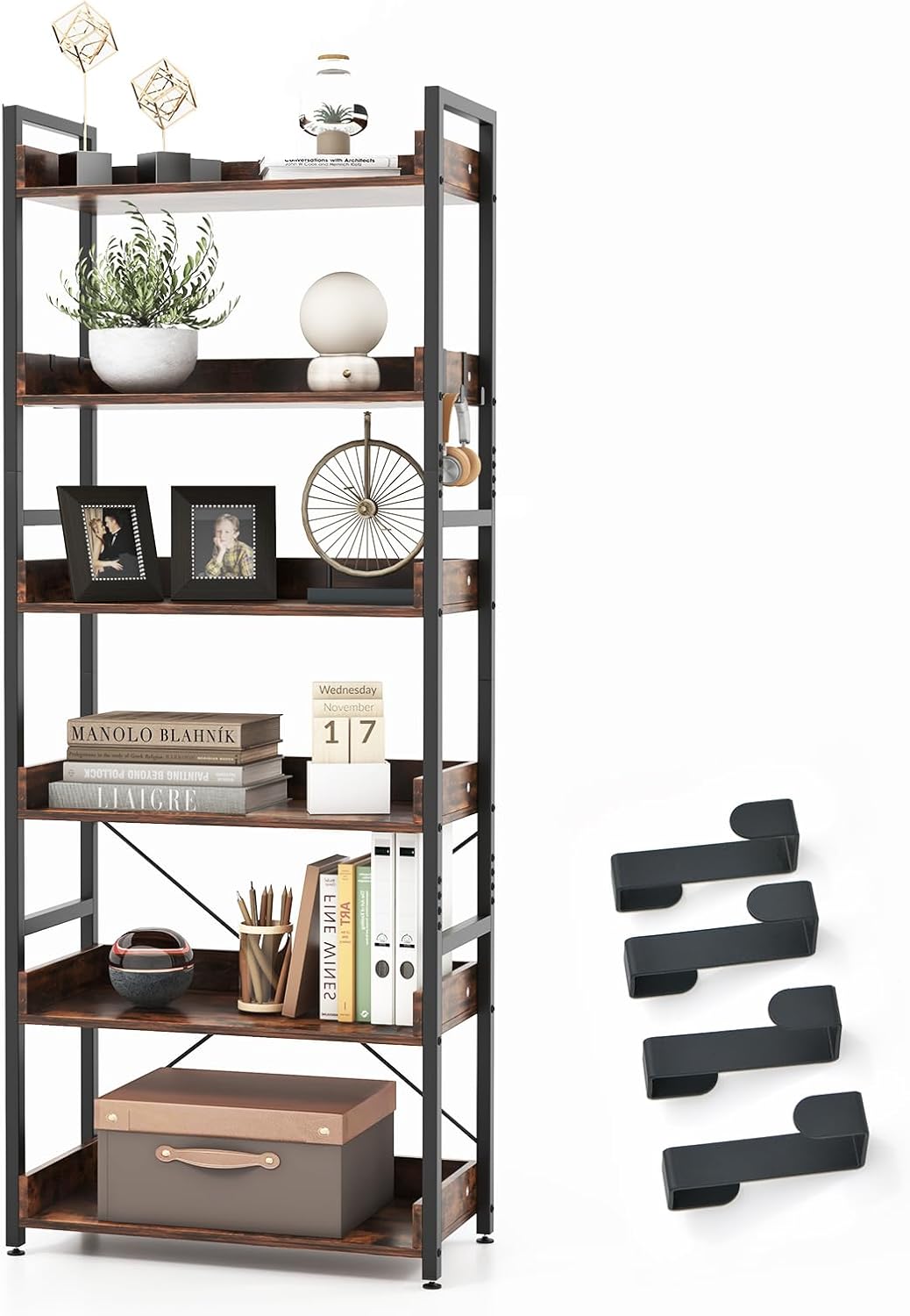 Goflame Industrial 6-Tier Bookshelf, 70" Tall Freestanding Storage Display Shelf with 4 Hooks
