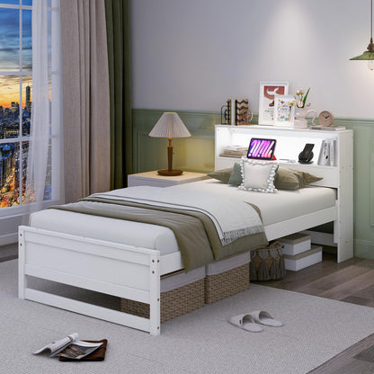 Goflame Twin Bed Frames with Storage Headboard, Wood Platform Bed with Charging Station & LED Light