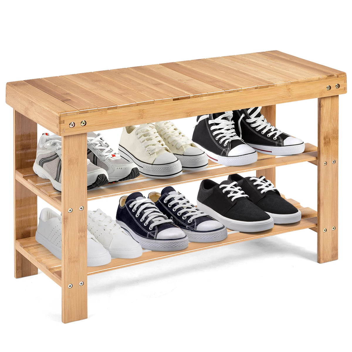 Goflame Entryway Shoe Bench, Bamboo Shoe Shelf Organizer Holds up to 6 Pairs