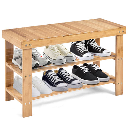 Goflame Entryway Shoe Bench, Bamboo Shoe Shelf Organizer Holds up to 6 Pairs