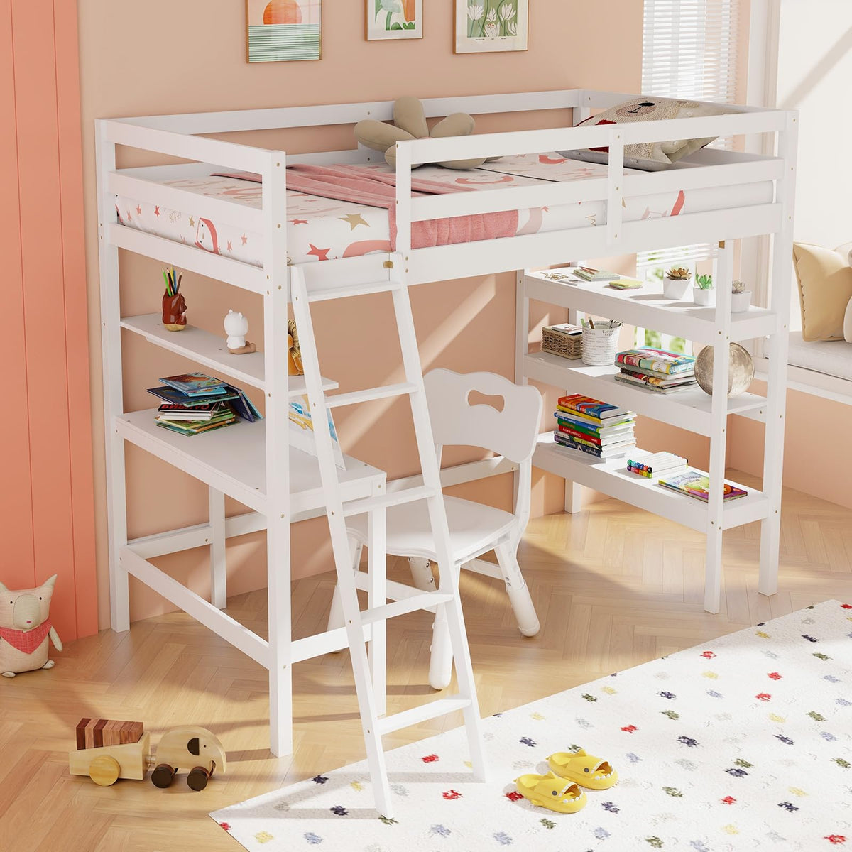 Goflame Loft Bed with Desk & Bookshelves