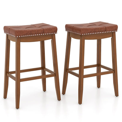 Goflame Bar Stools Set, 29" Counter Height Bar Stools w/Saddle Seat, Footrest, Rivet, Button Tufted, Rubber Wood Frame