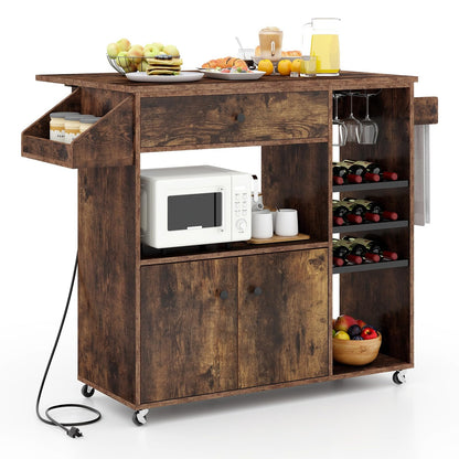 Goflame Rolling Kitchen Island Cart with Drop Leaf, Power Outlet, Spice Rack, 12 Wine Rack