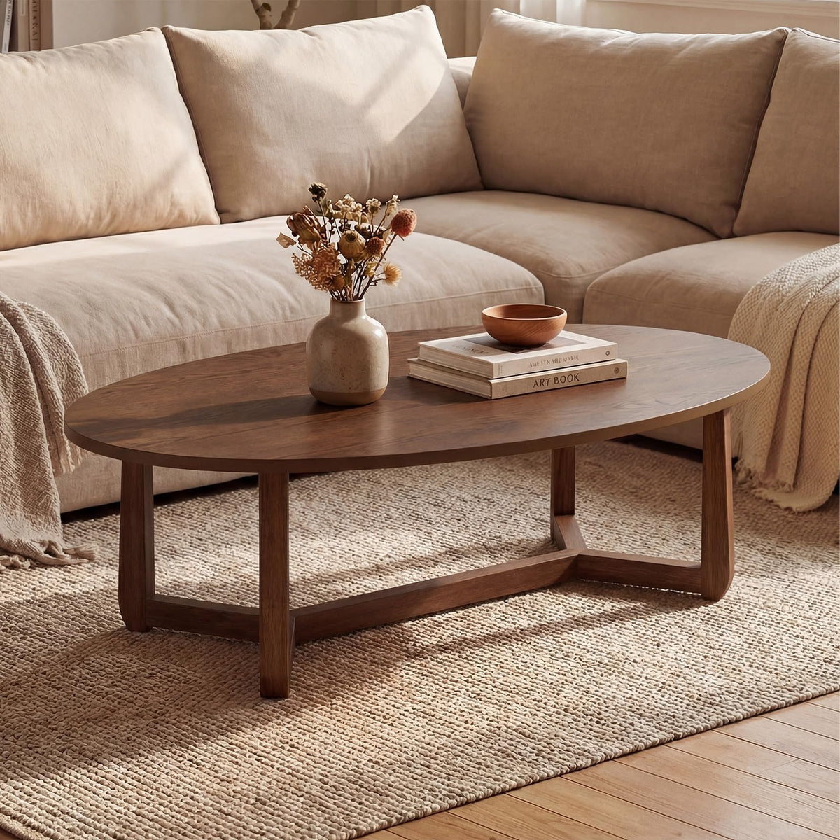 Goflame 46'' Oval Coffee Table hickened Top & Solid Rubber Wood Frame