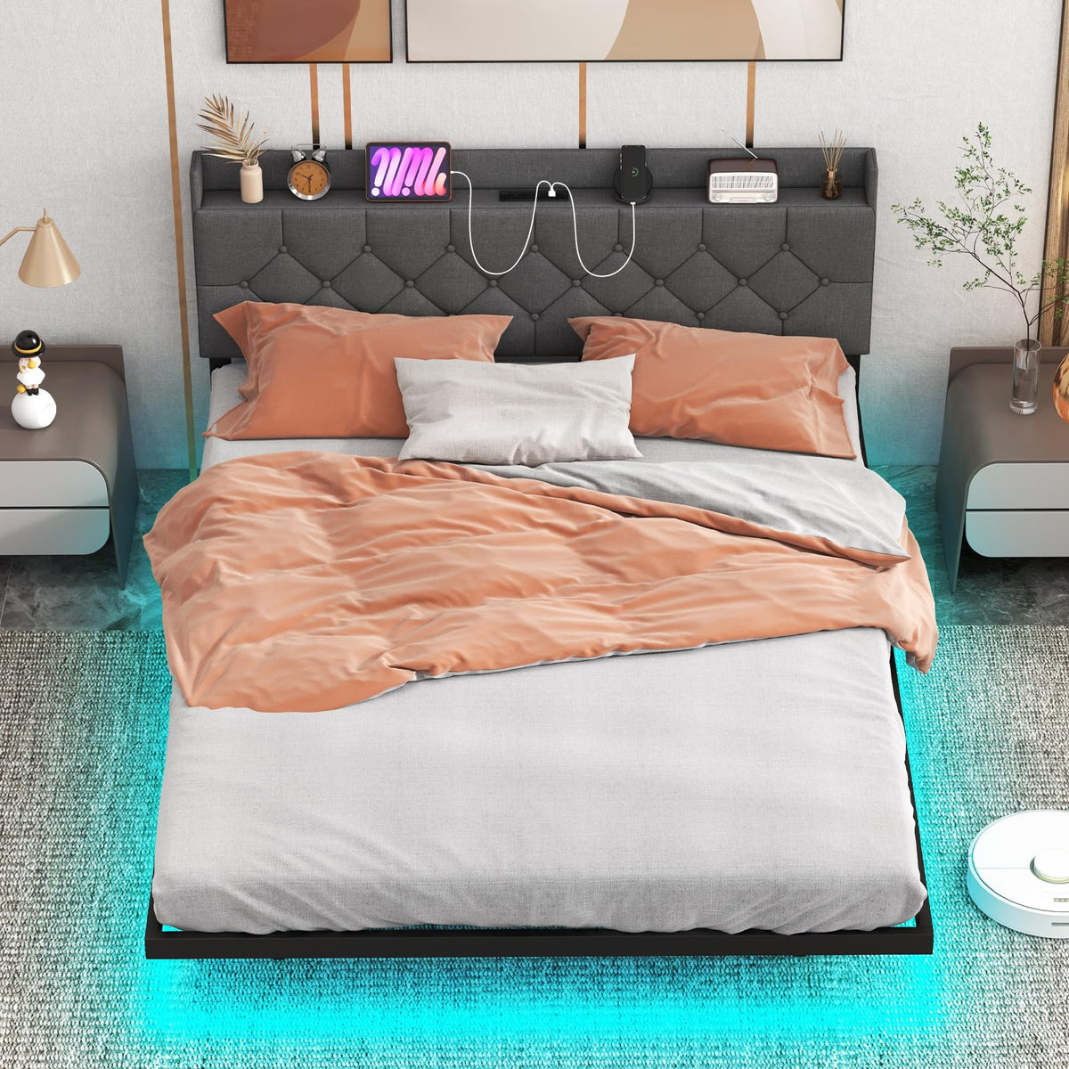 Goflame Queen/Full Size Floating Bed Frame with LED Lights, Modern Platform Bed with Adjustable Upholstered Headboard & Charging Station