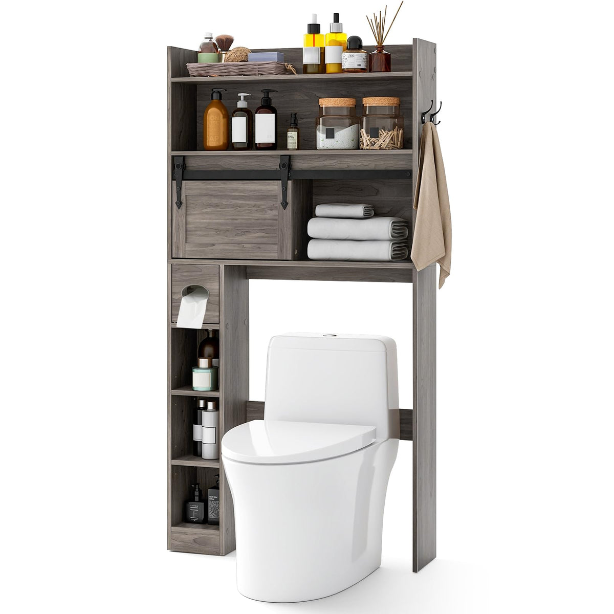 Goflame Over The Toilet Storage Cabinet, 6-Tier Freestanding above Toilet Rack with Gliding Door