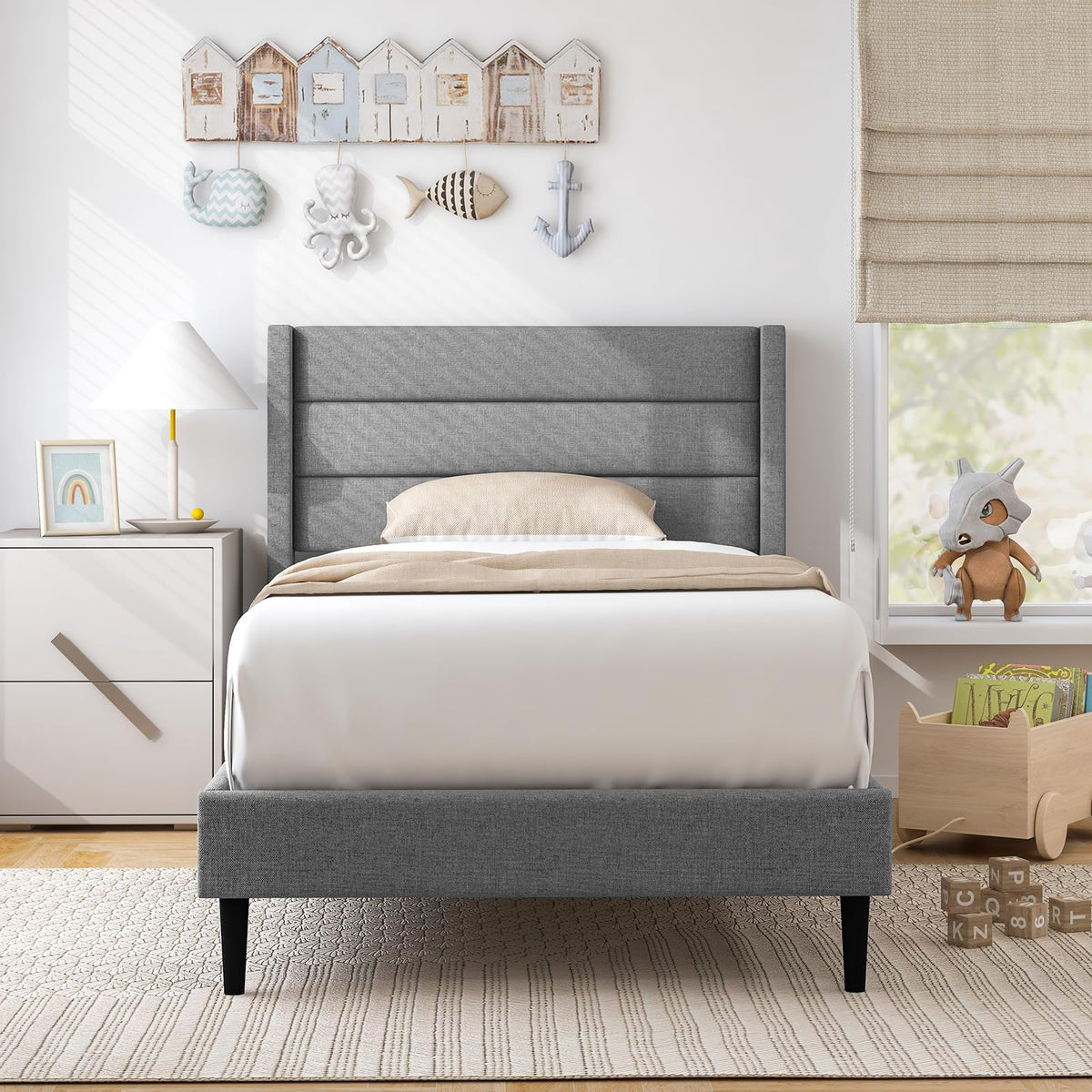 Goflame Queen/Twin Size Bed Frame, Modern Linen Upholstered Platform Bed with Wingback Headboard