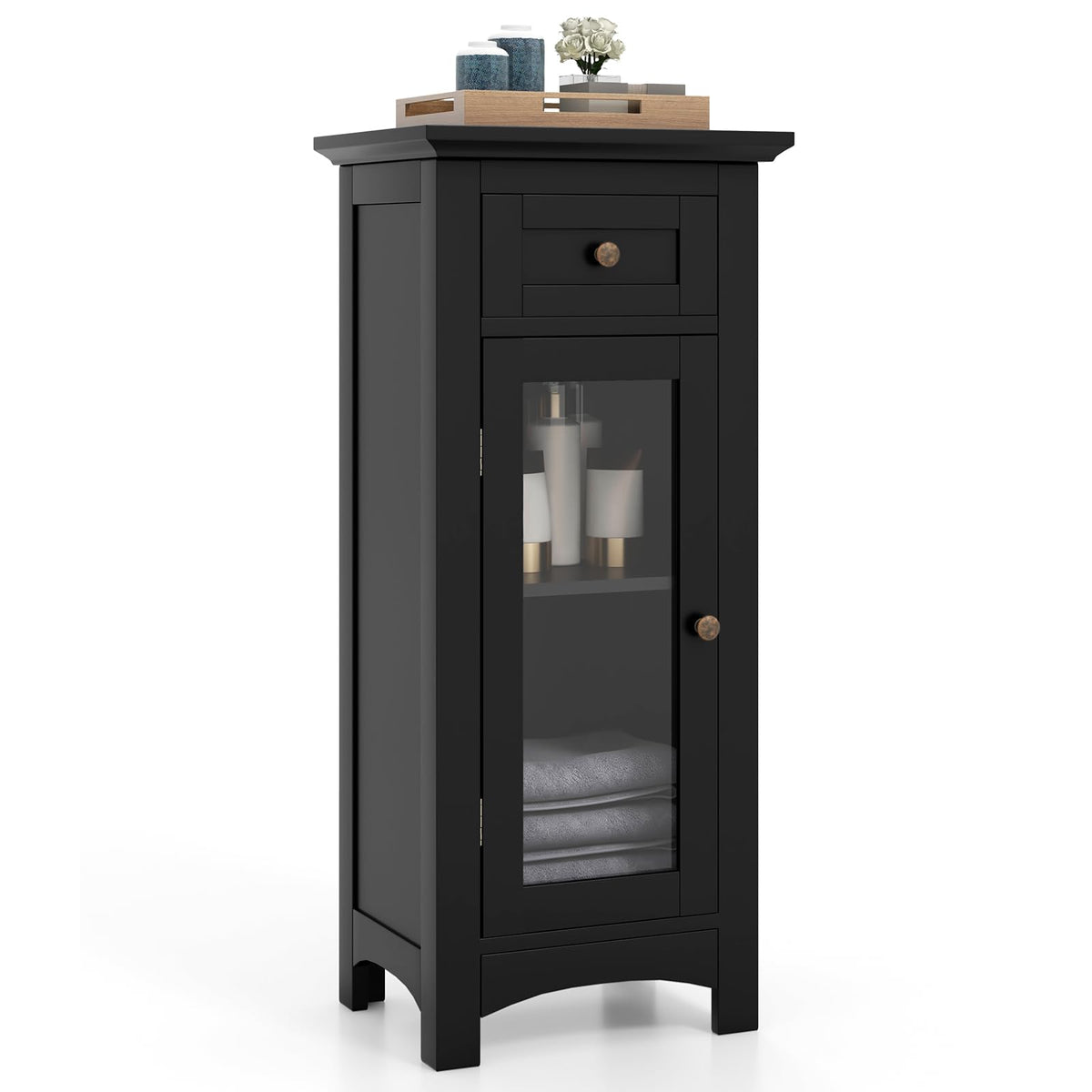 Goflame Small Bathroom Storage Cabinet, Freestanding Narrow Bathroom Cabinet with Single Glass Door, Drawer