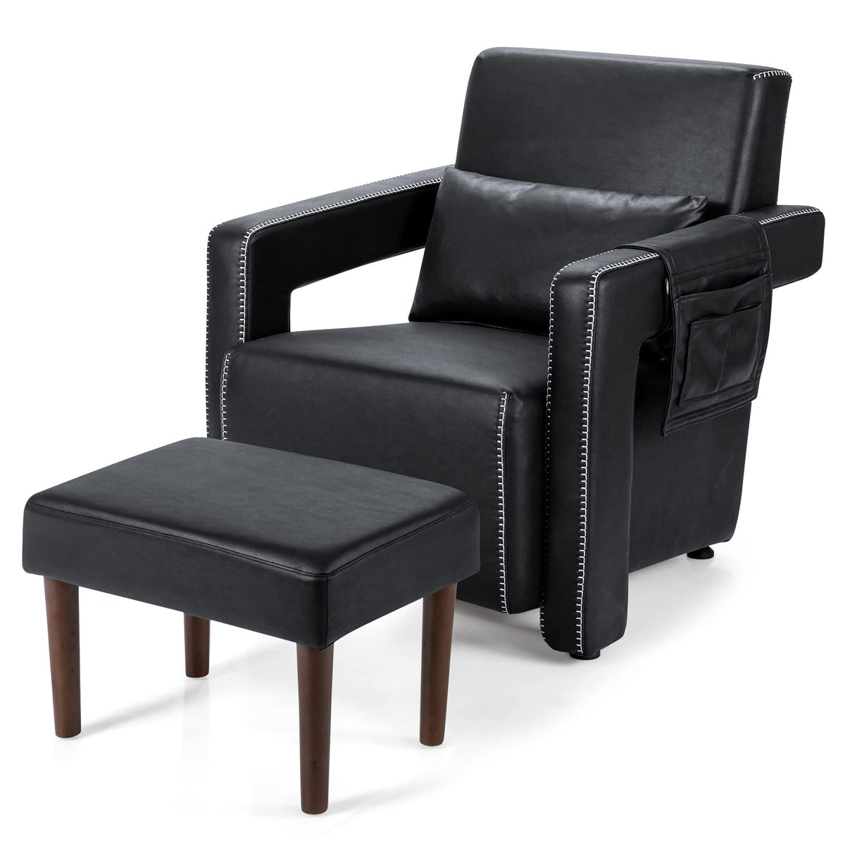 Goflame Modern Accent Chair with Ottoman, Soft Berber Fleece Armchair Single Sofa and Footstool Set w/Waist Pillow