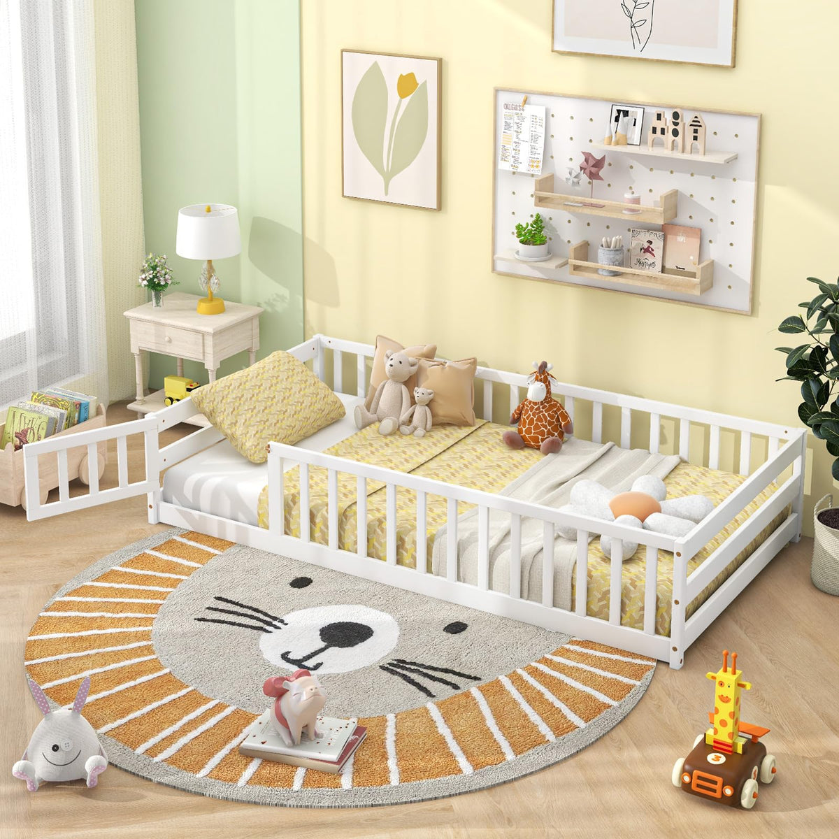 Goflame Twin Floor Bed with Door & Fence, Kids Wood Montessori Bed with Safety Guardrails