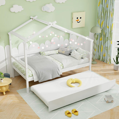 Goflame Wood House Bed for Kids, Twin Bed Frame with Trundle Bed Twin