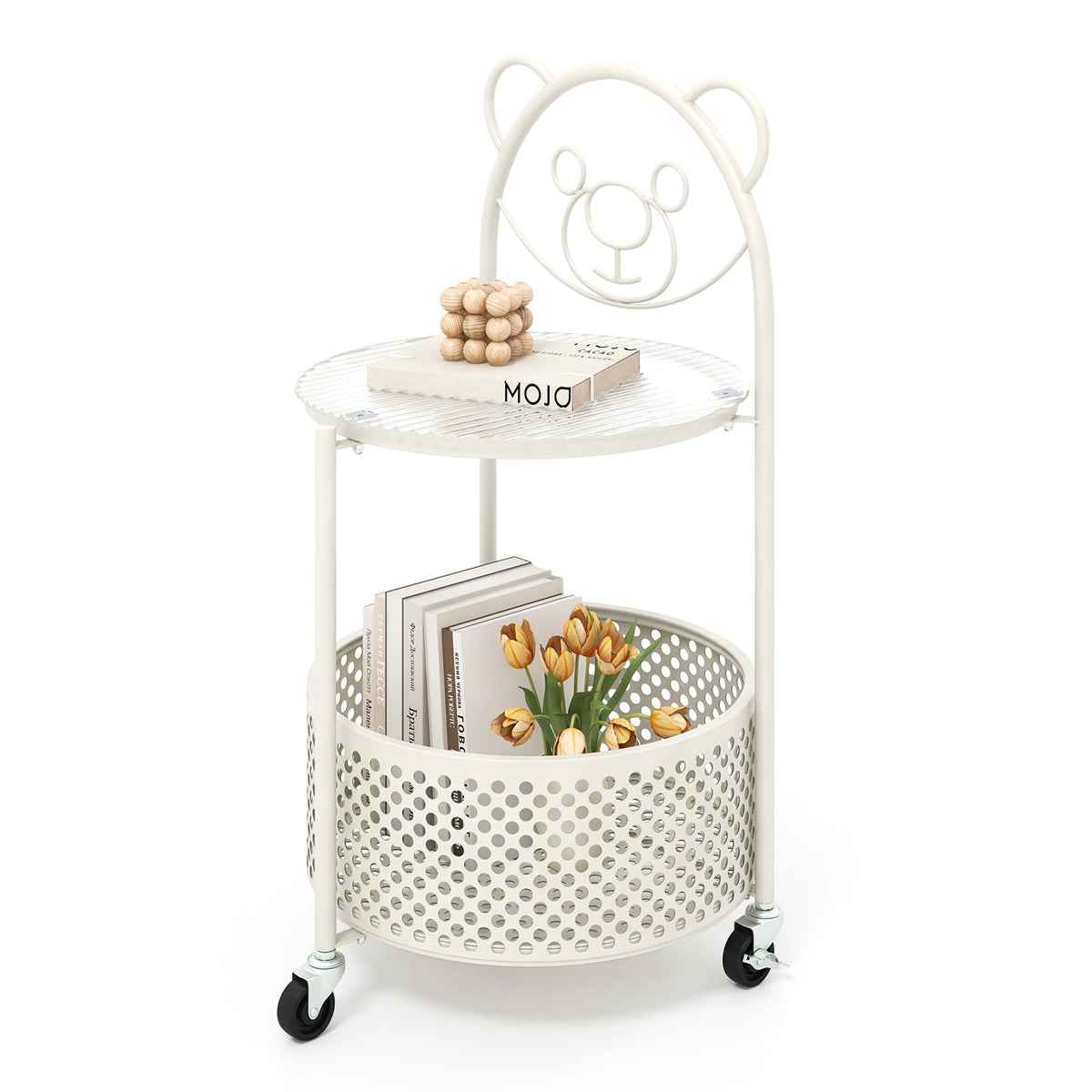 Goflame Mobile Glass Coffee Table, 2-Tier Round End Table with Bear Pattern, Storage Basket, Metal Frame