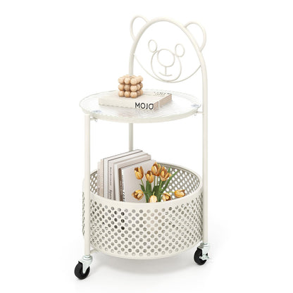 Goflame Mobile Glass Coffee Table, 2-Tier Round End Table with Bear Pattern, Storage Basket, Metal Frame