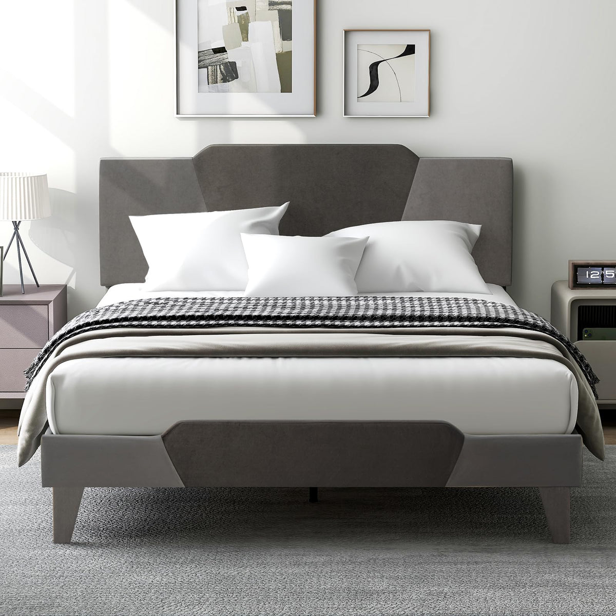 Goflame Queen/Full/Twin Size Velvet Upholstered Bed Frame with Headboard