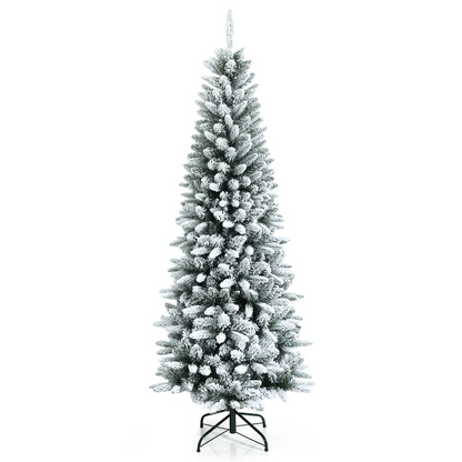 Goflame Snow Flocked Pencil Christmas Tree, Hinged Artificial Slim Xmas Tree - GoflameUS