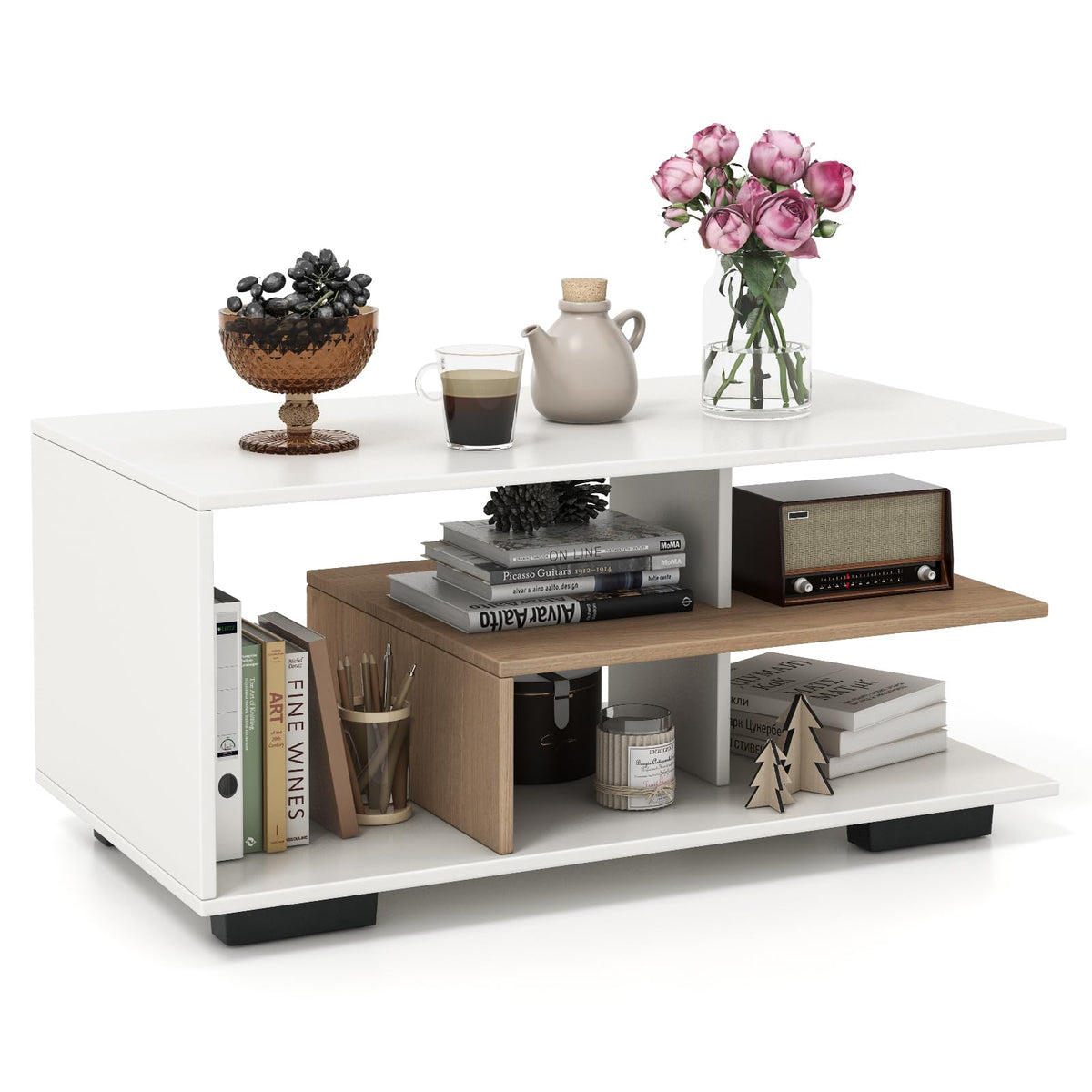 Goflame Coffee Table with Storage, Modern Rectangular Accent Table with L-shaped Middle Shelf