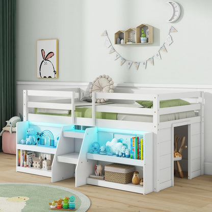 Goflame Low Loft Bed with LED Lights, Wooden Twin Loft Bed with Stairs & Safety Guardrail
