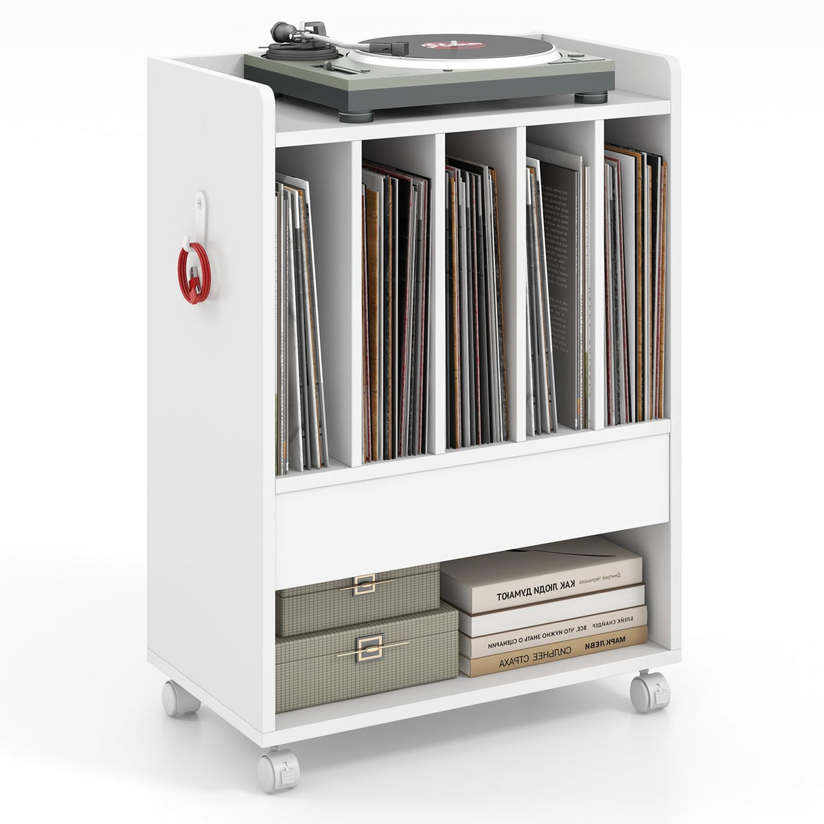 Goflame Record Player Stand, Rolling Turntable Stand with Drawer, Hook & Lockable Wheels