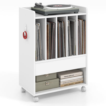 Goflame Record Player Stand, Rolling Turntable Stand with Drawer, Hook & Lockable Wheels