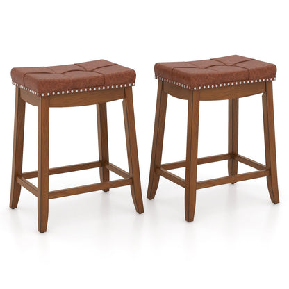 Goflame Bar Stools Set, 25" Counter Height Bar Stools w/Saddle Seat, Footrest, Rivet, Button Tufted, Rubber Wood Frame