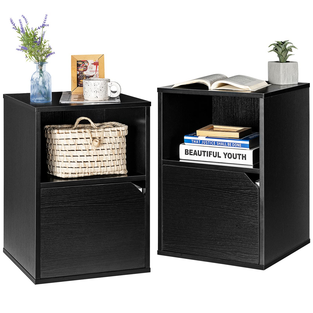 Goflame Set of 2 Nightstands, End Table Bedside Table w/Storage Cabinet and Open Shelf