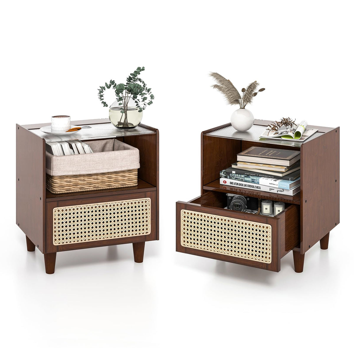 Goflame Rattan Nightstand with Drawer