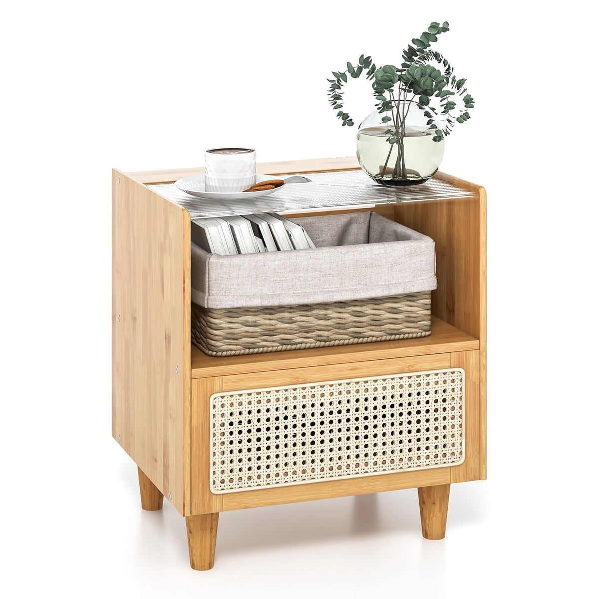 Goflame Rattan Nightstand with Drawer