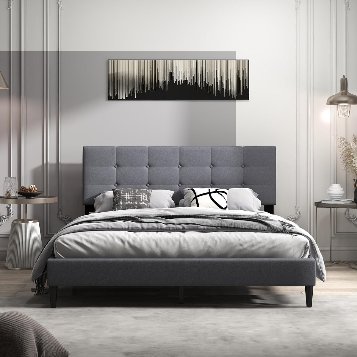 Goflame Queen/Twin Size Platform Bed Frame with Button Tufted Headboard and Wooden Slats