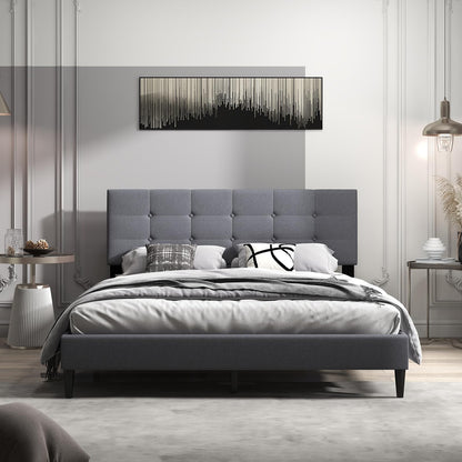 Goflame Queen/Twin Size Platform Bed Frame with Button Tufted Headboard and Wooden Slats