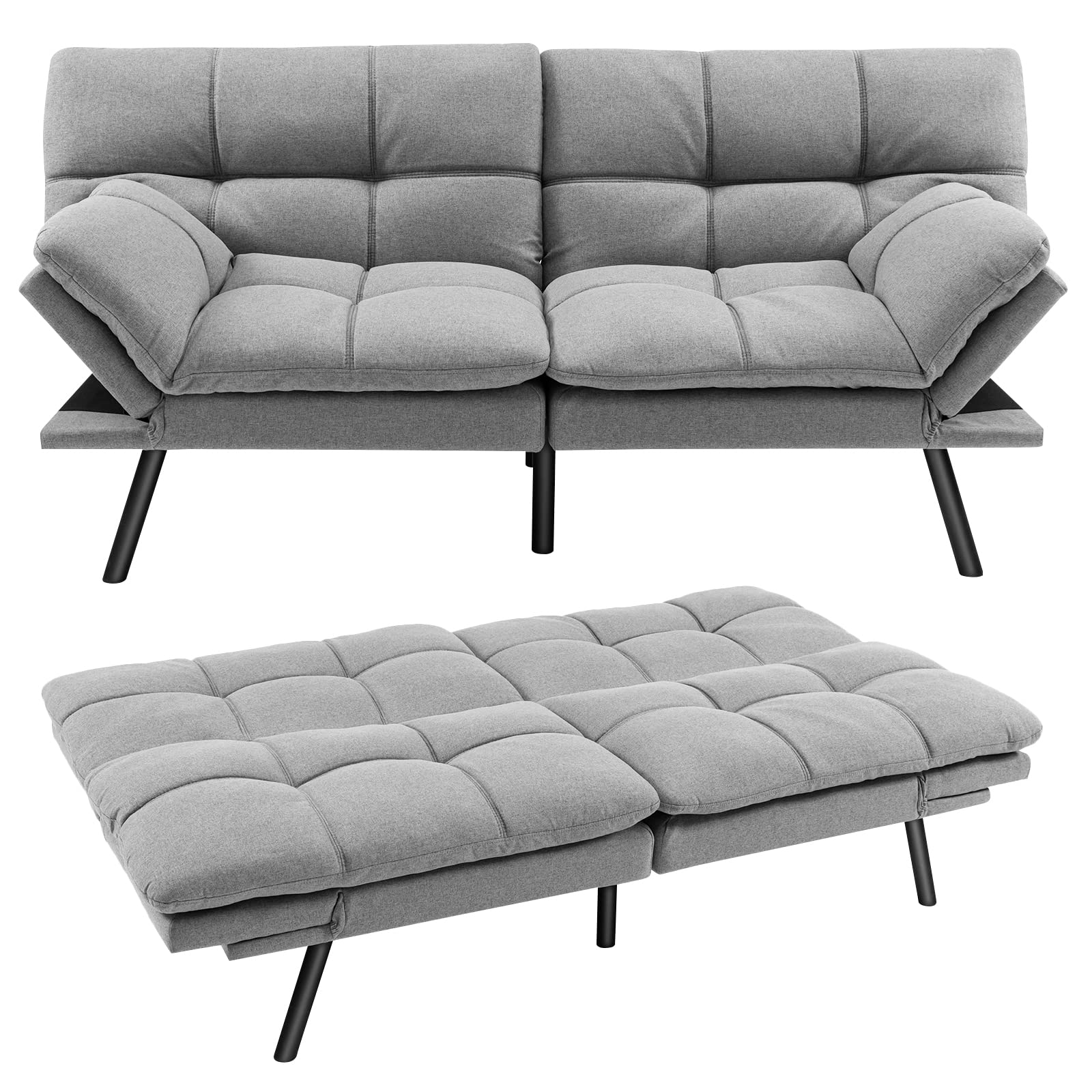 Convertible Memory Foam Futon Couch Sleeper, Grey - Goflame