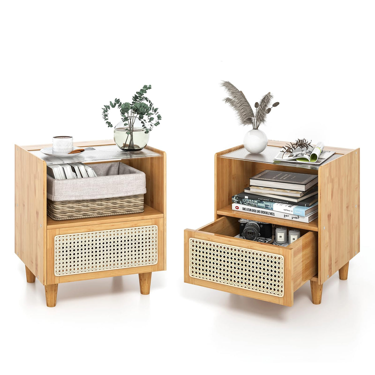 Goflame Rattan Nightstand with Drawer