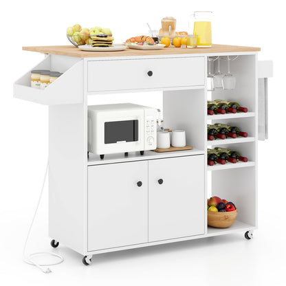 Goflame Rolling Kitchen Island Cart with Drop Leaf, Power Outlet, Spice Rack, 12 Wine Rack