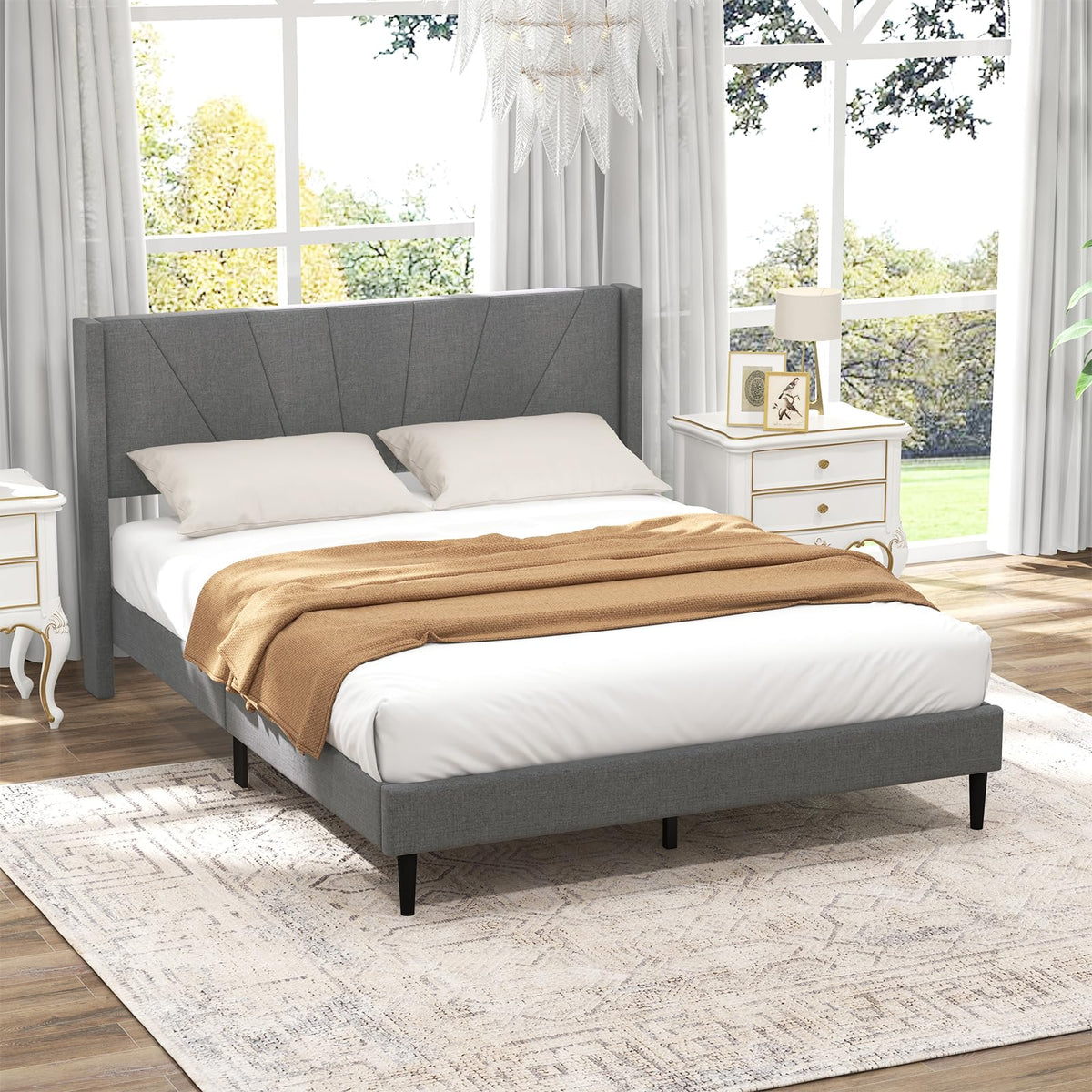 Goflame Queen/Twin Size Bed Frame, Modern Linen Upholstered Platform Bed with Wingback Headboard