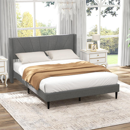 Goflame Queen/Twin Size Bed Frame, Modern Linen Upholstered Platform Bed with Wingback Headboard
