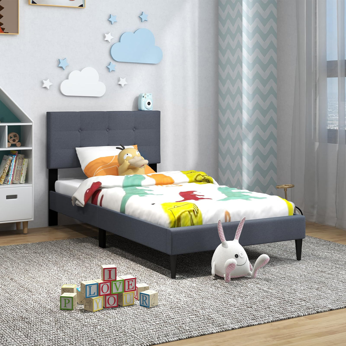 Goflame Queen/Twin Size Platform Bed Frame with Button Tufted Headboard and Wooden Slats