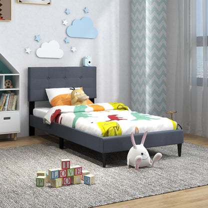 Goflame Queen/Twin Size Platform Bed Frame with Button Tufted Headboard and Wooden Slats