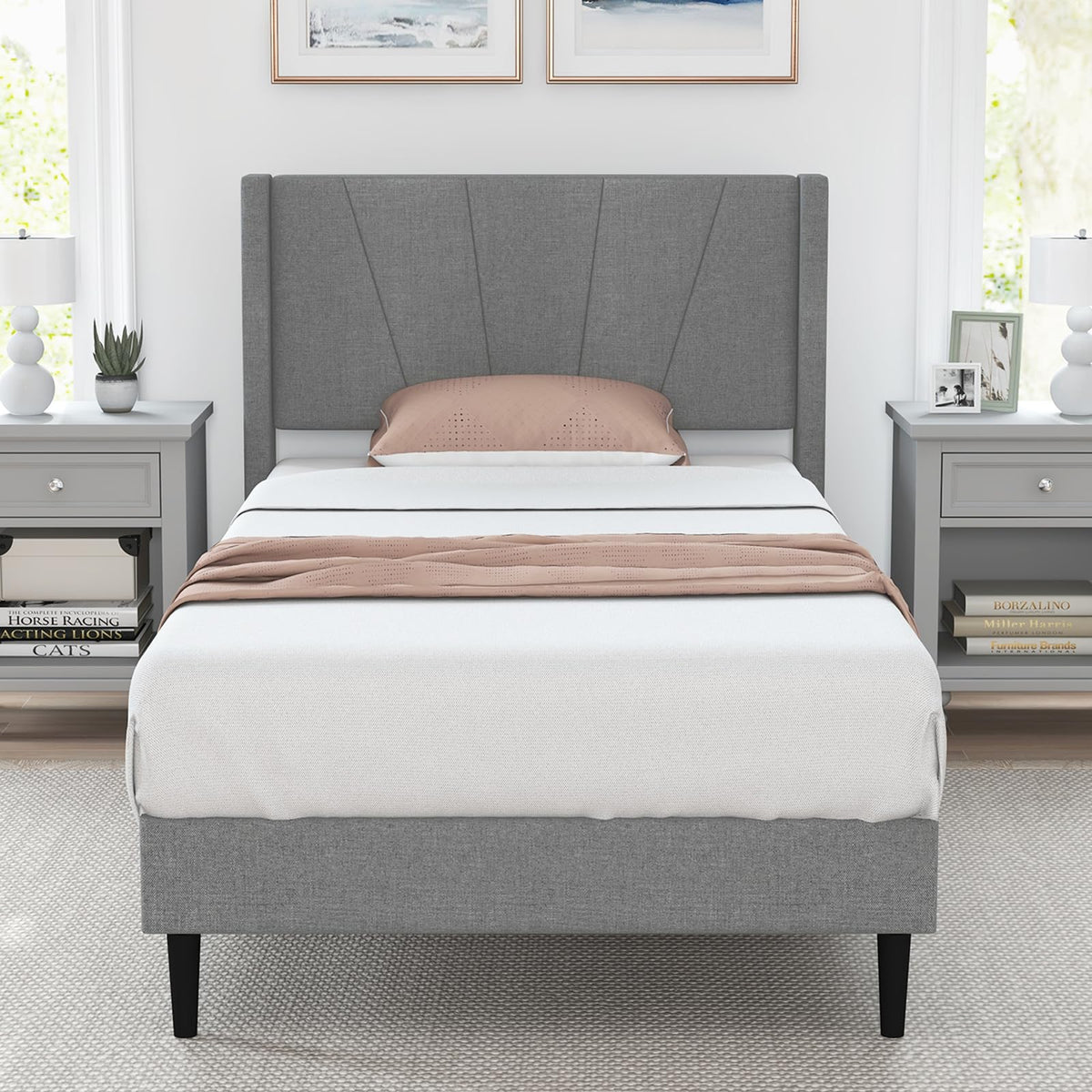Goflame Queen/Twin Size Bed Frame, Modern Linen Upholstered Platform Bed with Wingback Headboard