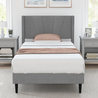 Goflame Queen/Twin Size Bed Frame, Modern Linen Upholstered Platform Bed with Wingback Headboard