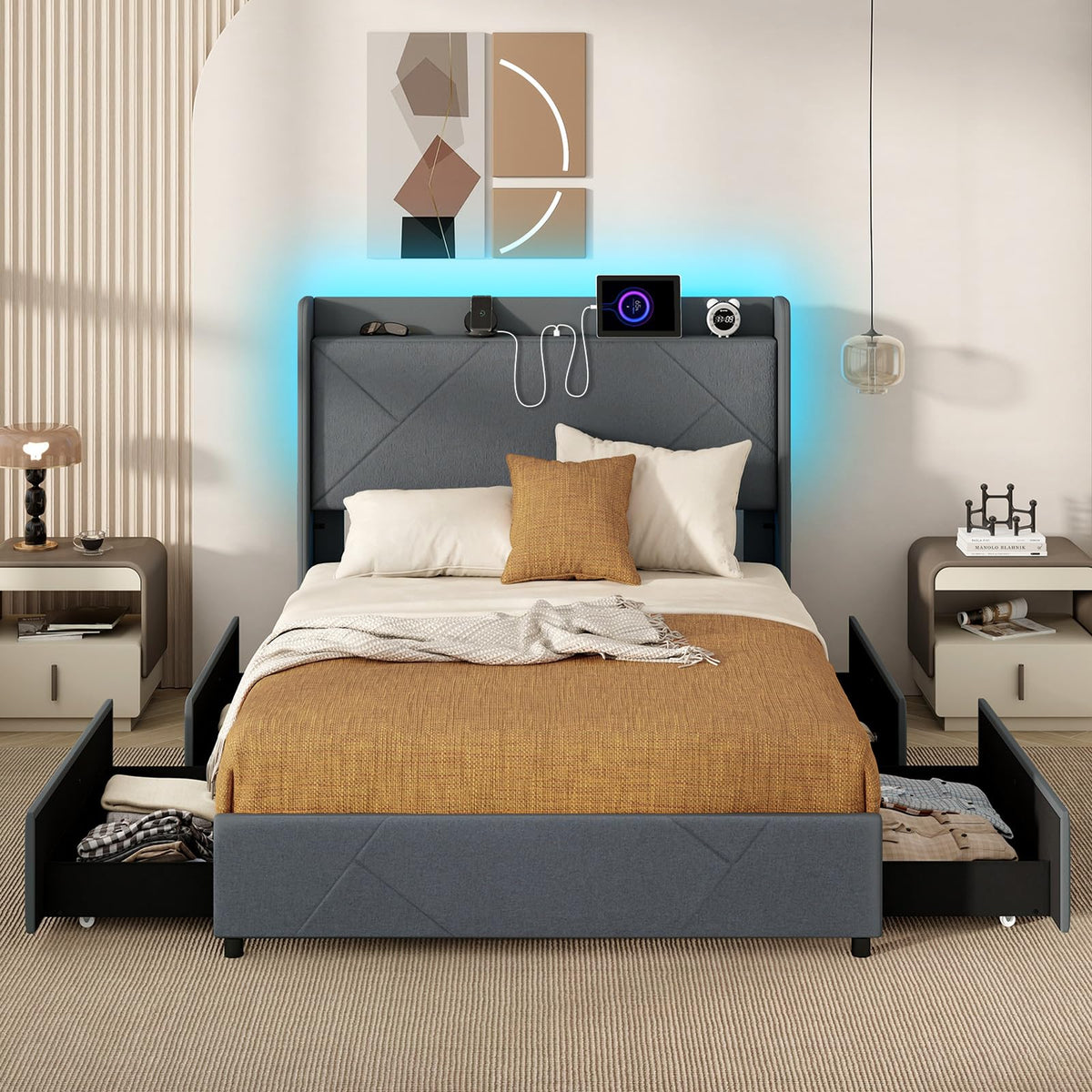 Goflame Full/Queen Size Bed Frame with 4 Storage Drawers & LED Lights, Headboard & Charging Station, Wooden Slats, Easy Assembly, Grey