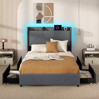 Goflame Full/Queen Size Bed Frame with 4 Storage Drawers & LED Lights, Headboard & Charging Station, Wooden Slats, Easy Assembly, Grey