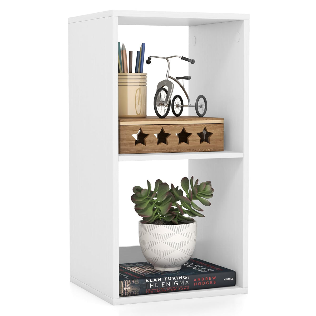 Goflame 2-Cube Bookcase, White Cubby Bookshelf w/Back Guardrail & Anti-Tipping Kits