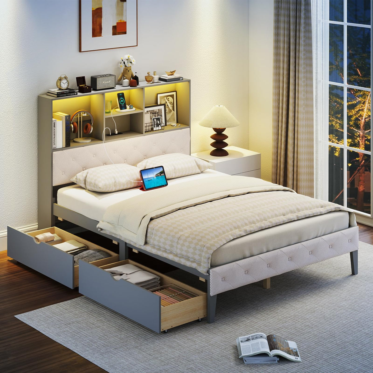 Goflame Gray Full Size Bed Frame with Upholstered Bookcase Headboard