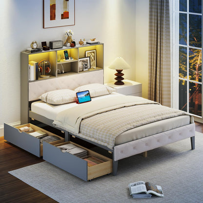 Goflame Gray Full Size Bed Frame with Upholstered Bookcase Headboard