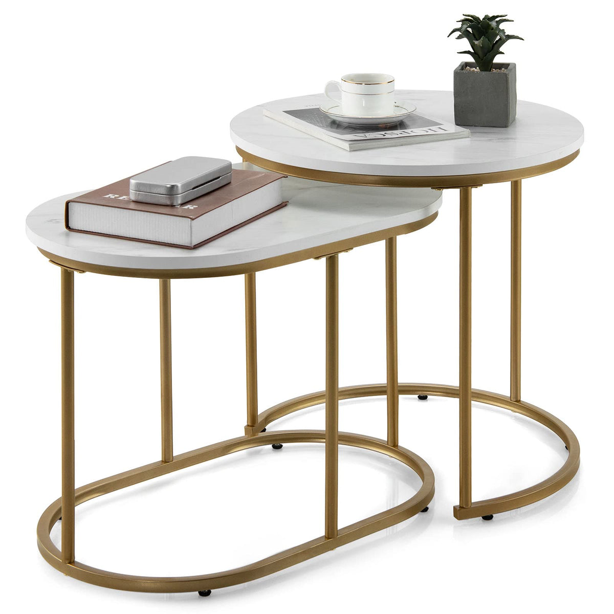 Goflame Modern Nesting Coffee Table Set of 2, Accent Marble Look Stacking Side Table for Living Room Bedroom