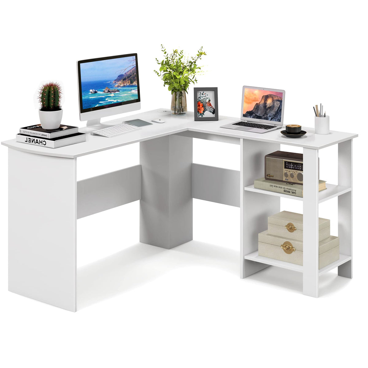 Goflame L Shaped Computer Desk, 51" Large Corner Desk with 2 Cable Holes & 2 Storage Shelves, White