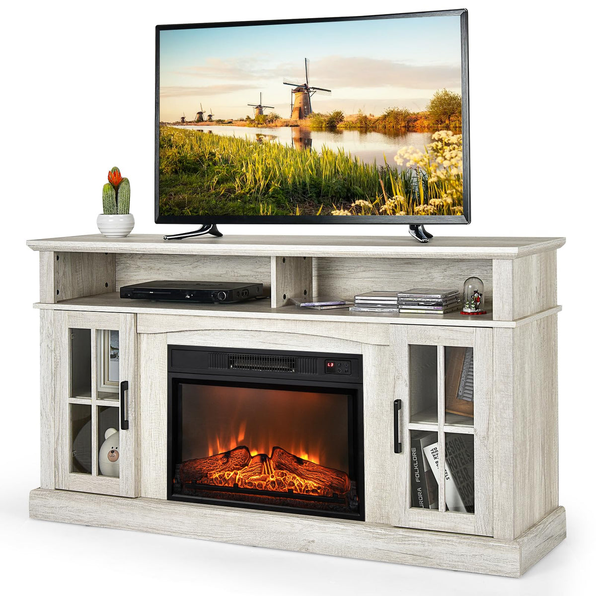 58" TV Stand with Electric Fireplace Insert, Fireplace Entertainment Center with Side Cabinets & Adjustable Shelves