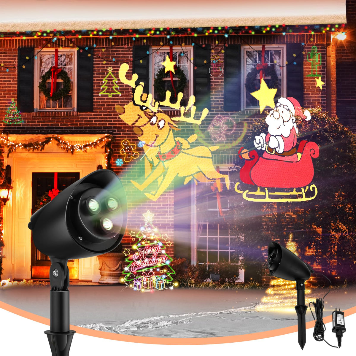 Goflame Christmas Projector Lights Outdoor | LED Santa Claus on Sleigh Projection Lamp